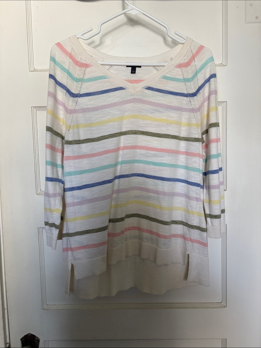 Talbots Lightweight Pastel Striped V-Neck Sweater White/Multi Size L